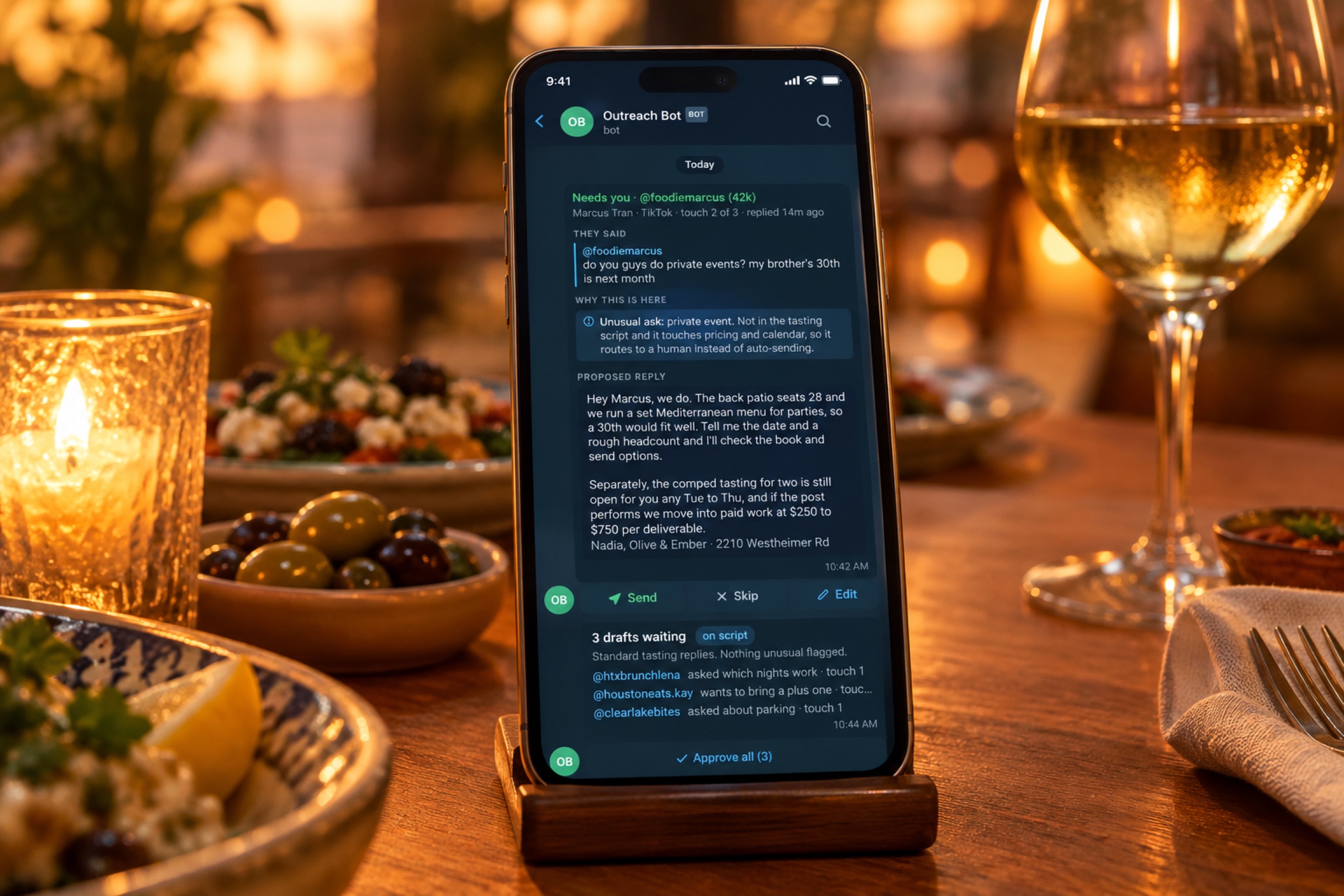 Outreach agent approval card on a phone in a restaurant