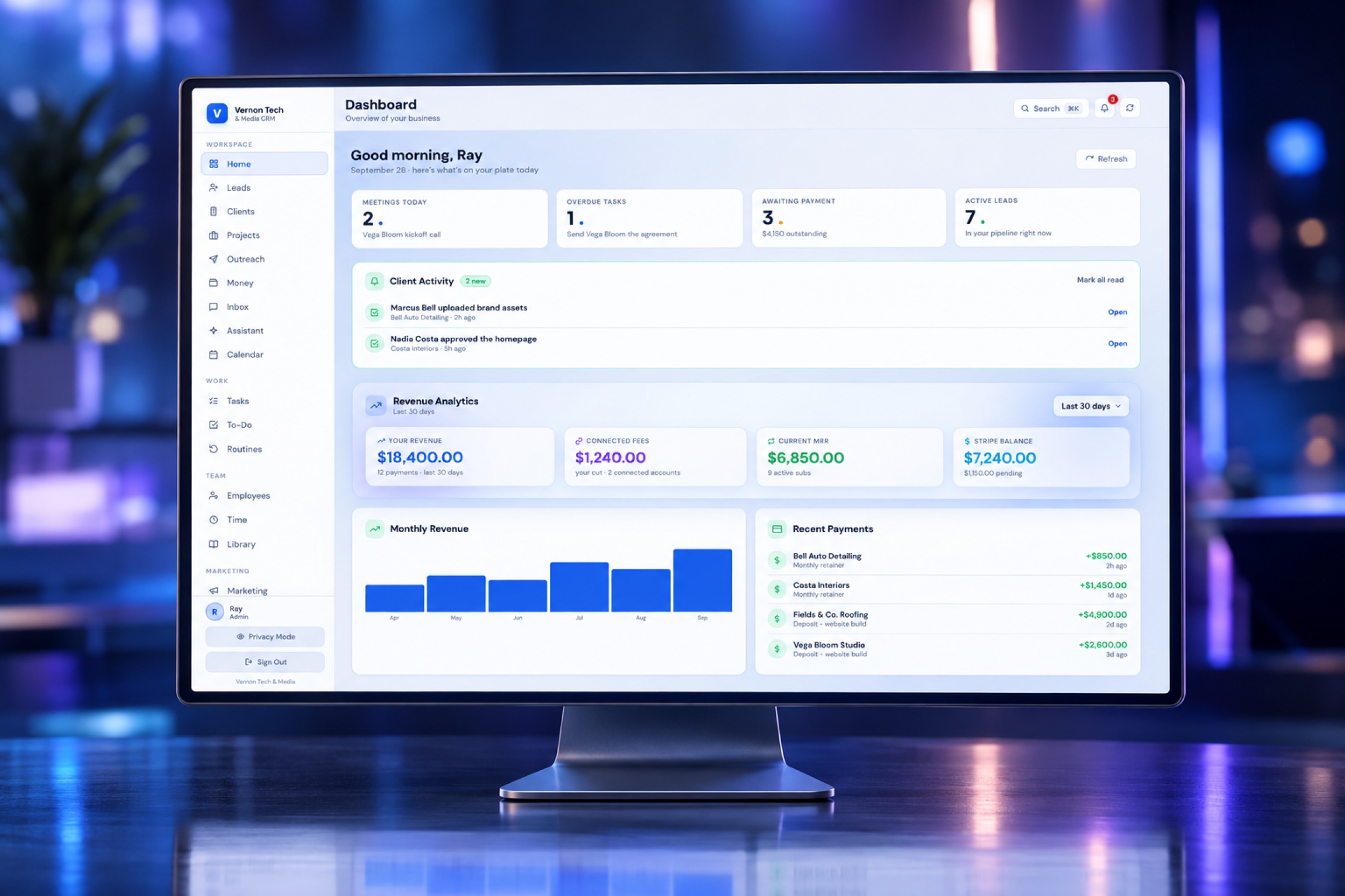 VTM CRM dashboard, cinematic render